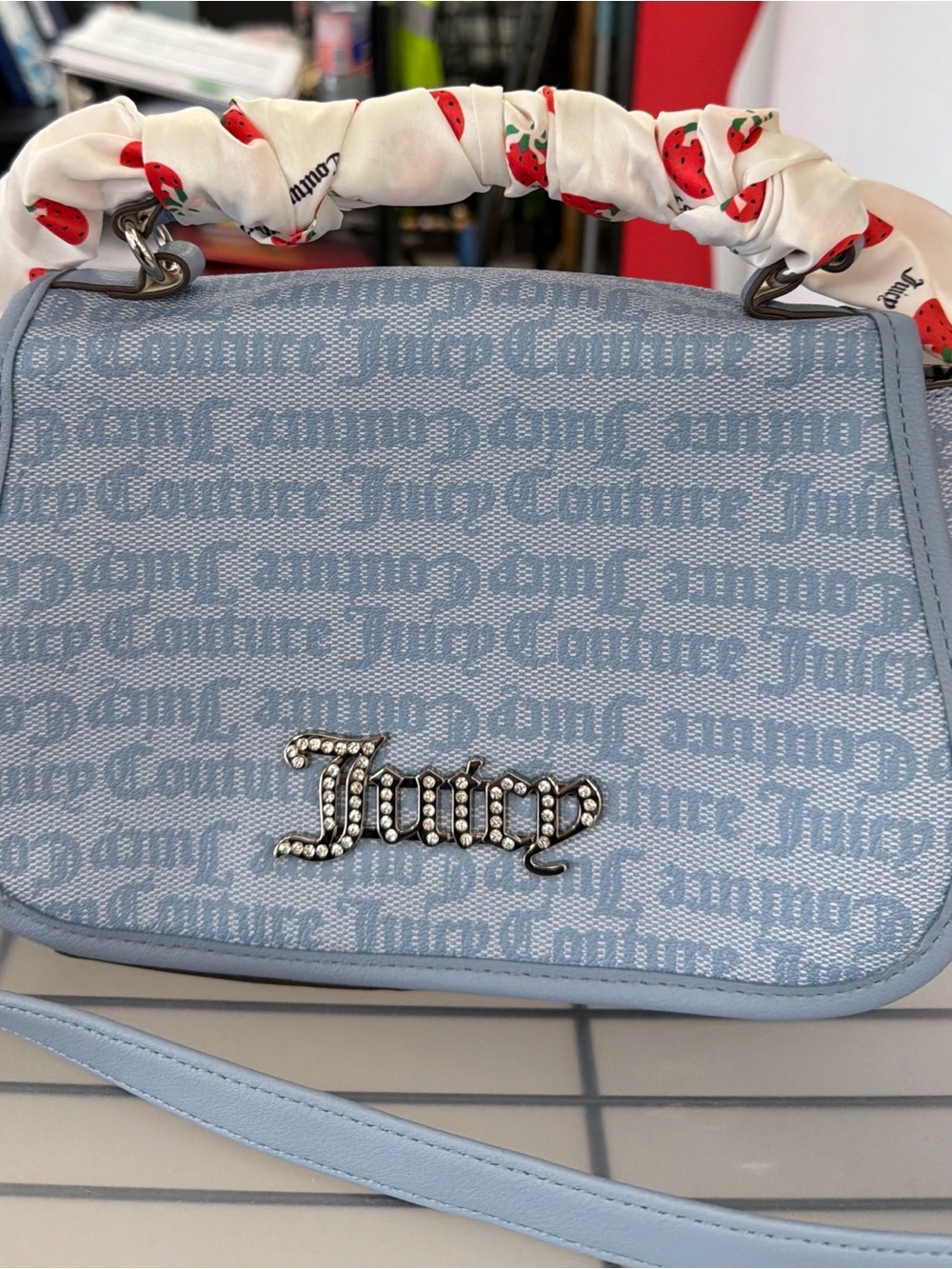Juicy Couture Coquette Light Blue Logo-Print Crossbody Strawberry Scarf Wrap